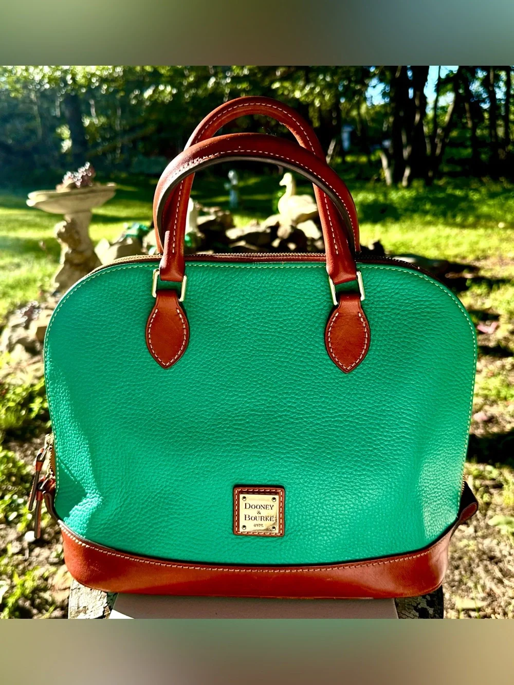Dooney & Bourke Teal Leather Dome Satchel with Brown Trim